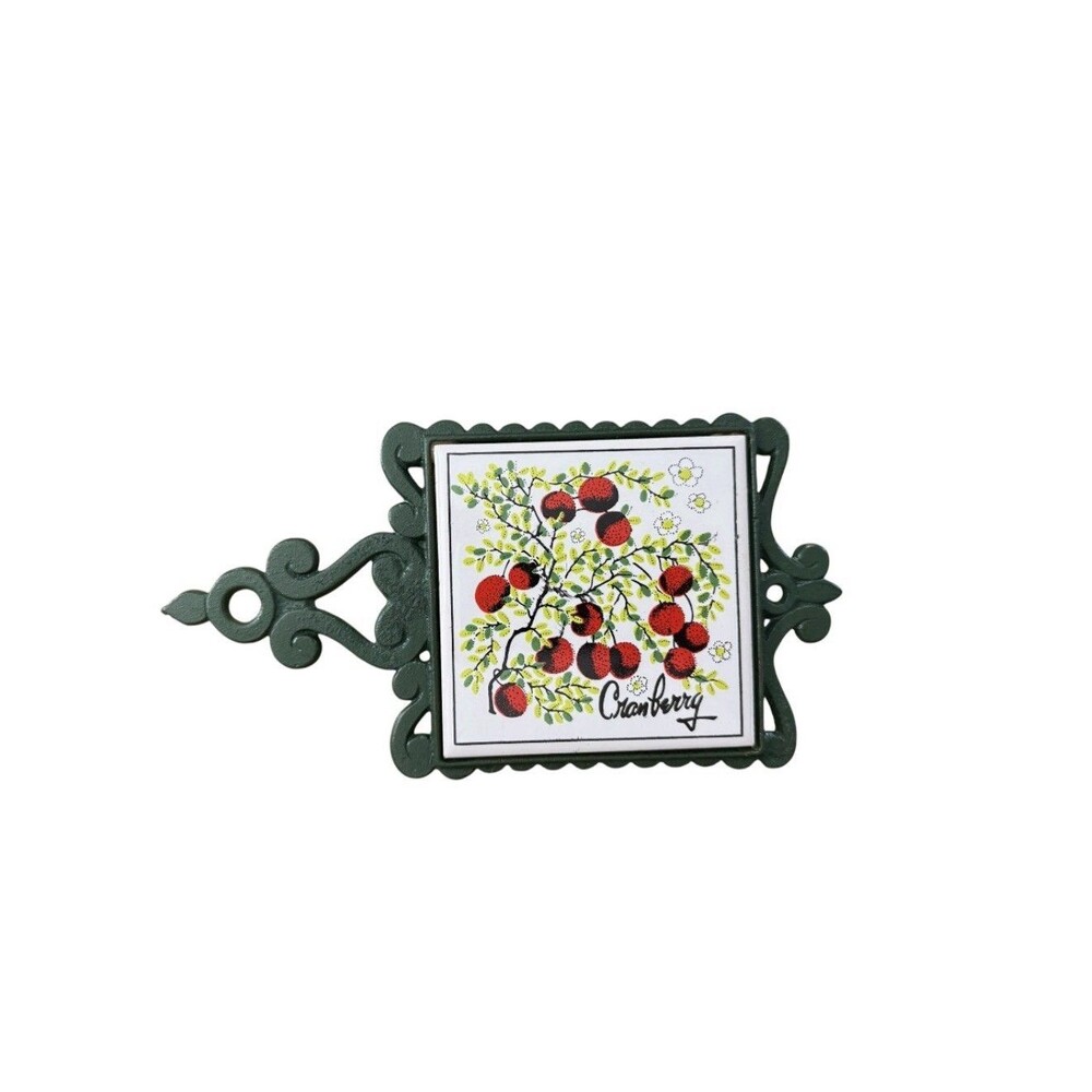Vintage Cast Iron Ceramic Tile Cranberry Trivet Taiwan Retro Green
